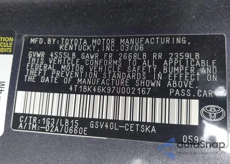 2007 Toyota Camry Se V6 from USA, damaged, VIN 4T1BK46K97U002167